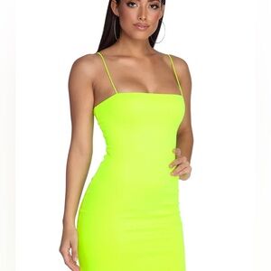Neon Green Ribbed Spaghetti Strap Dress